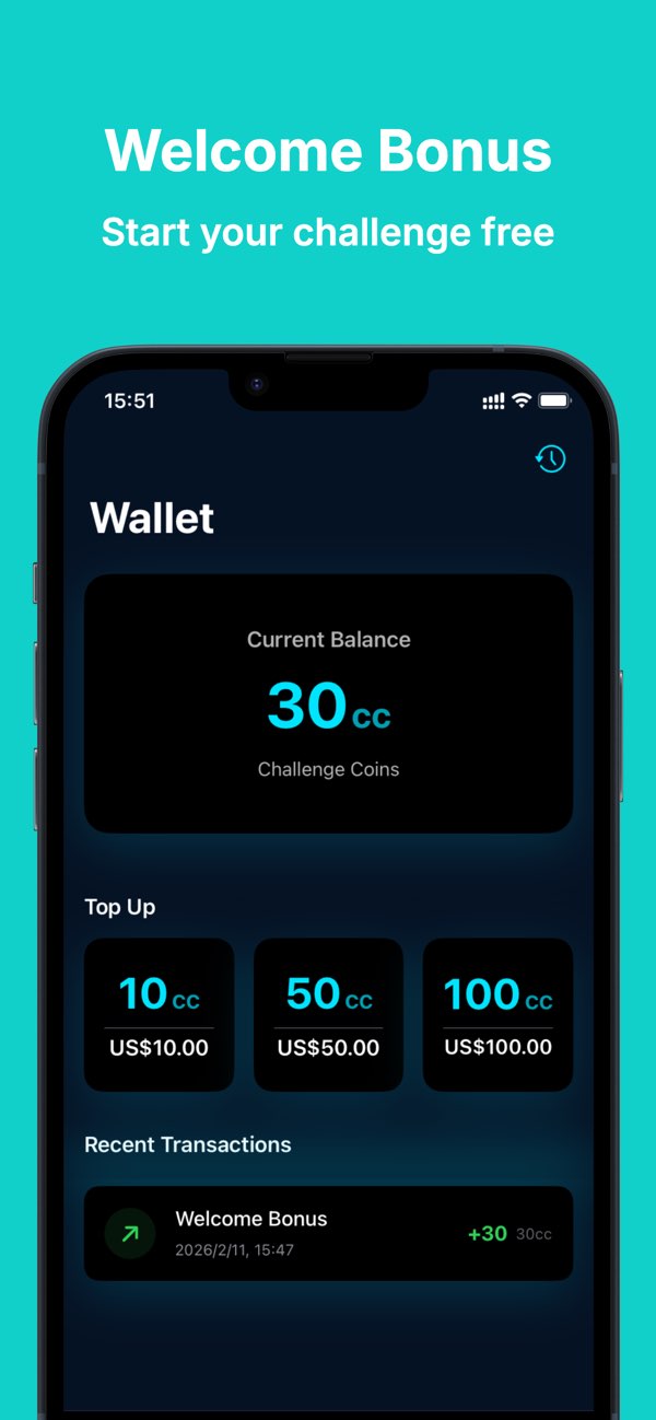 Fulcrum wallet screen showing Challenge Coins balance and welcome bonus