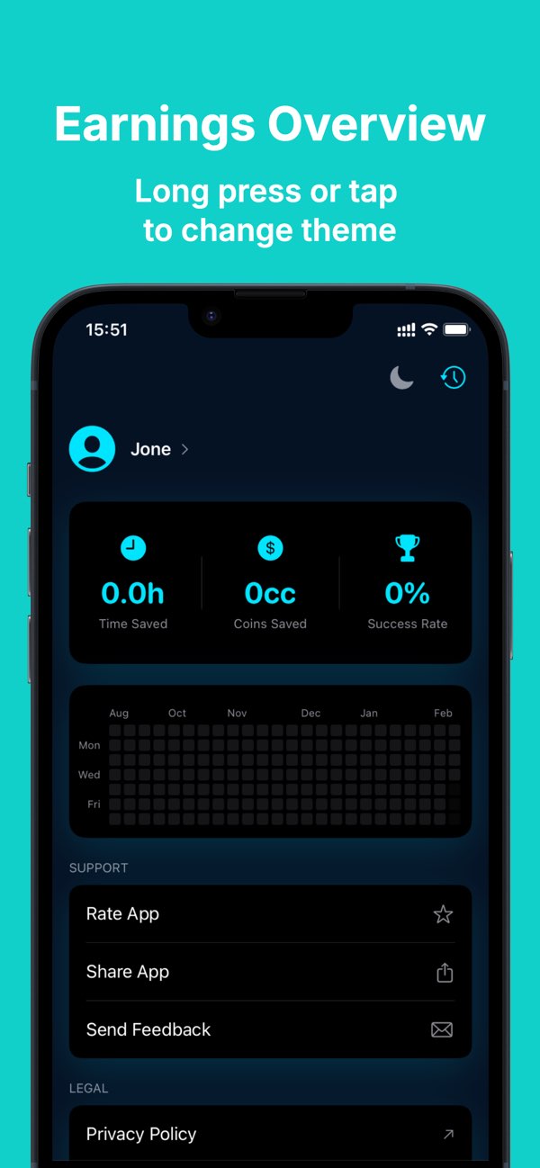 Fulcrum earnings overview with time saved, coins saved and success rate
